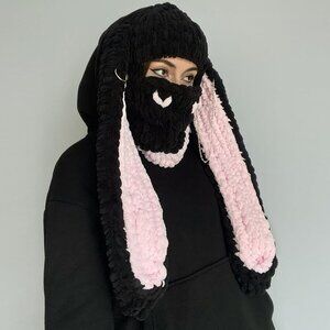 Women's Black Pink Bunny Hat Knit Plush Long Ears Fluffy Cosplay Party Hat